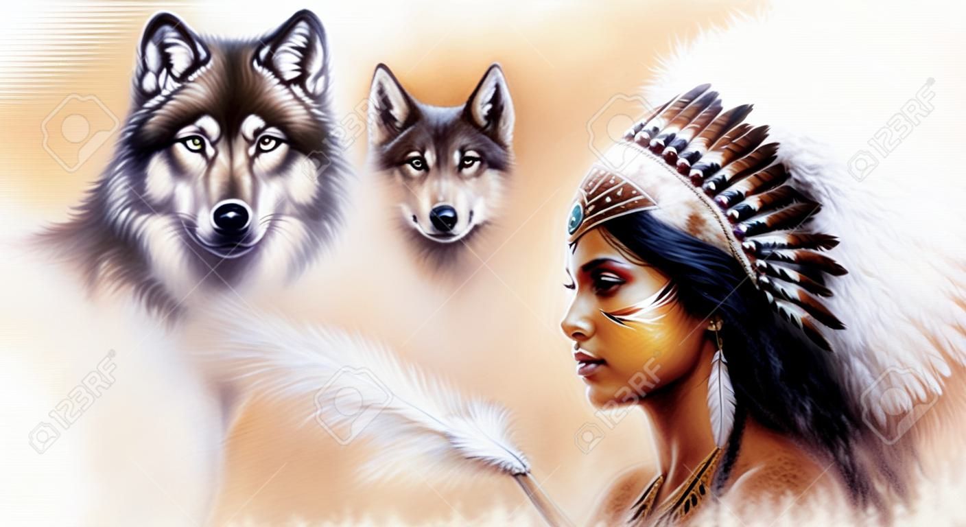 Eine schöne Spritzpistolenmalerei einer jungen indischen Frau tragen eine wunderschöne Feder-Kopfschmuck, mit einem Bild von zwei Wolfs Geistern schwebt über ihre Handfläche