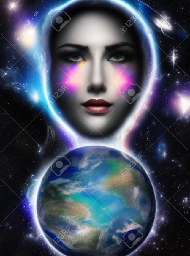 Goddess Woman with tattoo on face in space with light stars and Earth.