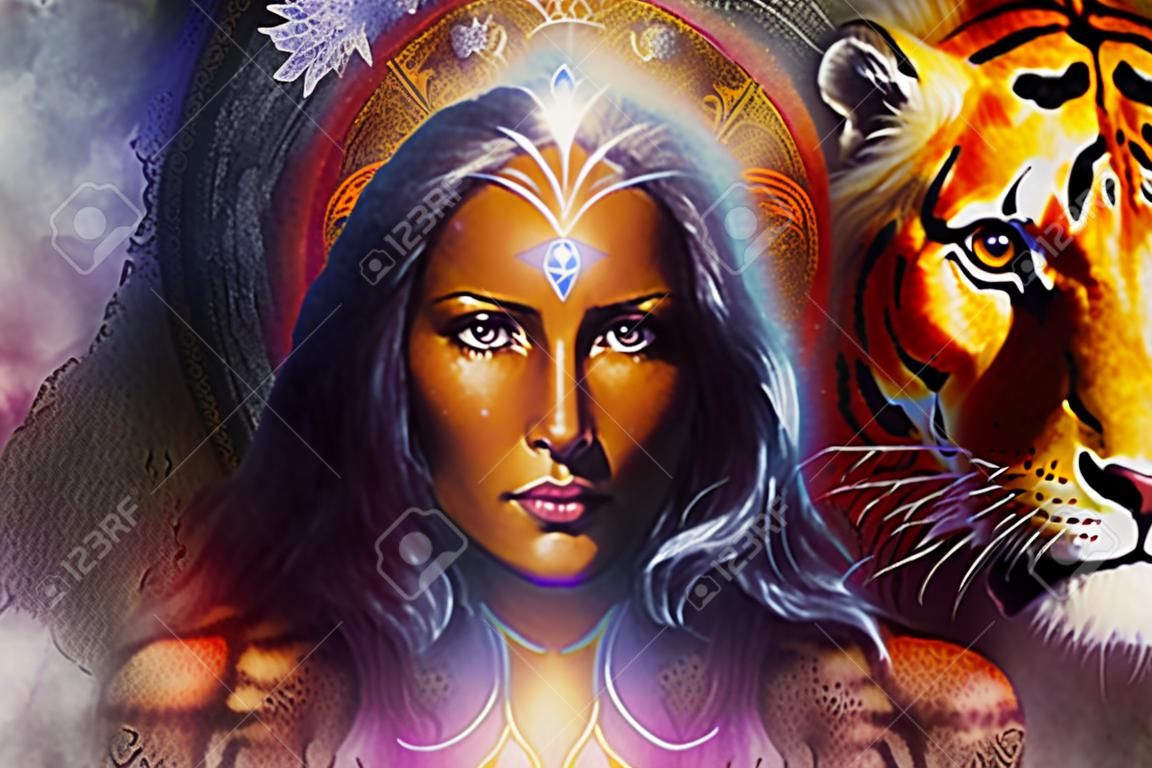 pittura possente leone e tigre testa su sfondo ornamentale e volto di donna mistica, computer di collage