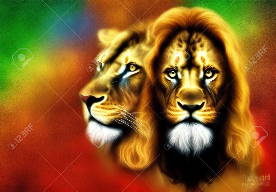 Pintura de Jesús con un león, sobre fondo colorido hermoso con un toque de sensación espacial, retrato de perfil de león