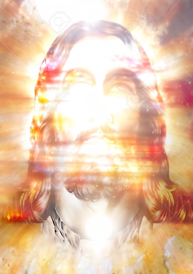 Jezus Chrystus maluje promienistą kolorową energią światła, kontakt wzrokowy