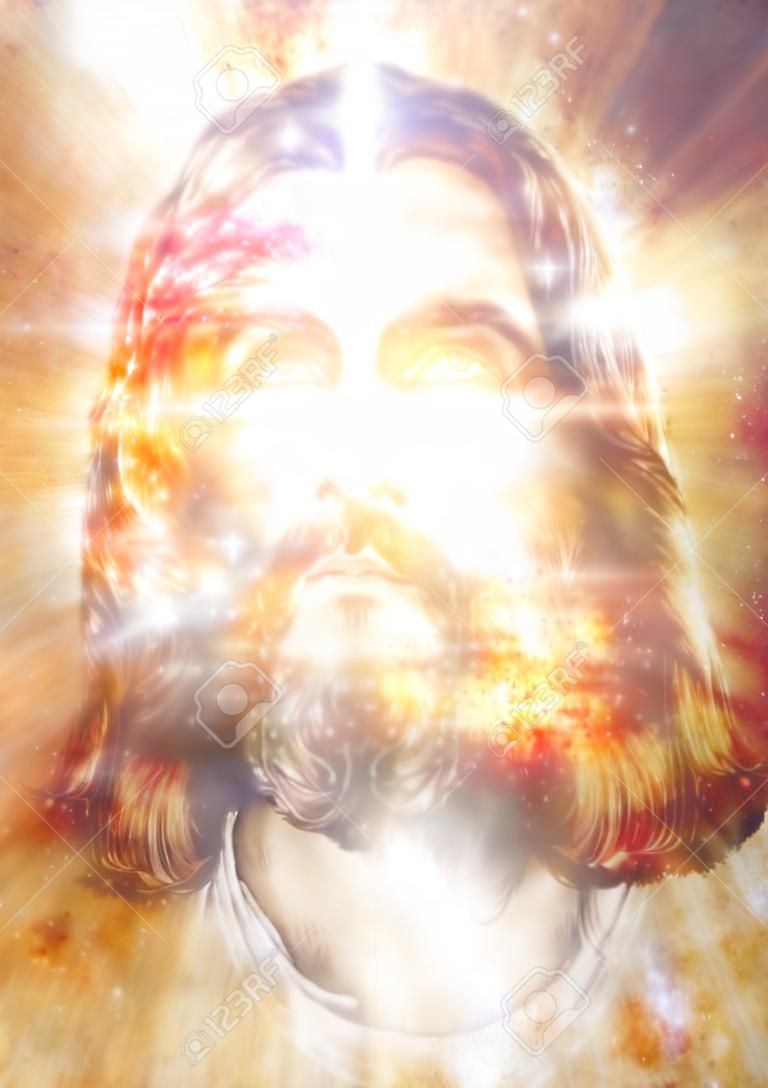 Jesus Christ painting with radiant colorful energy of light, eye contact