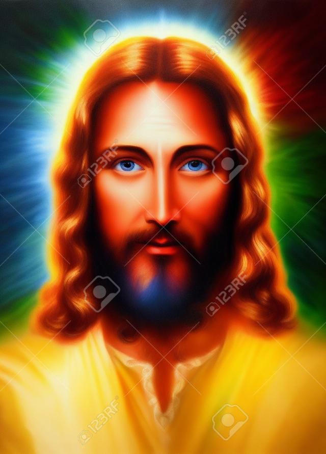 Jesus Christ painting with radiant colorful energy of light, eye contact