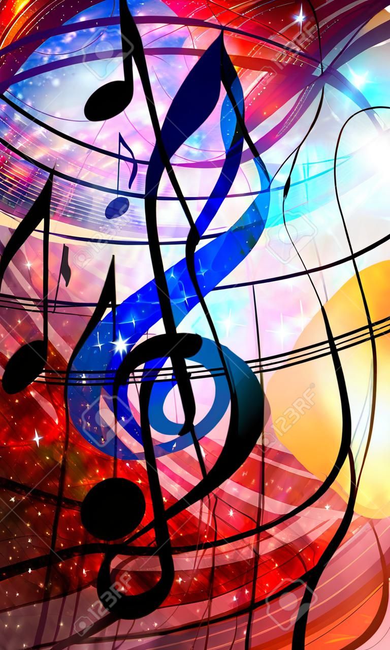 notes de musique et la clef dans l'espace avec étoiles. abstrait couleur. concept Musique