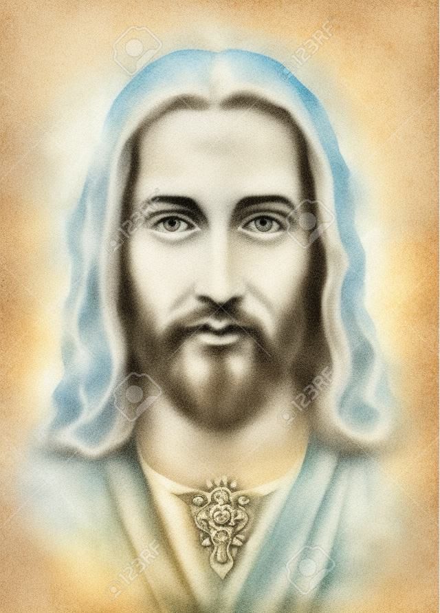 matite disegno di Gesù su carta vintage e sfondo acquerello leggermente sfocato.