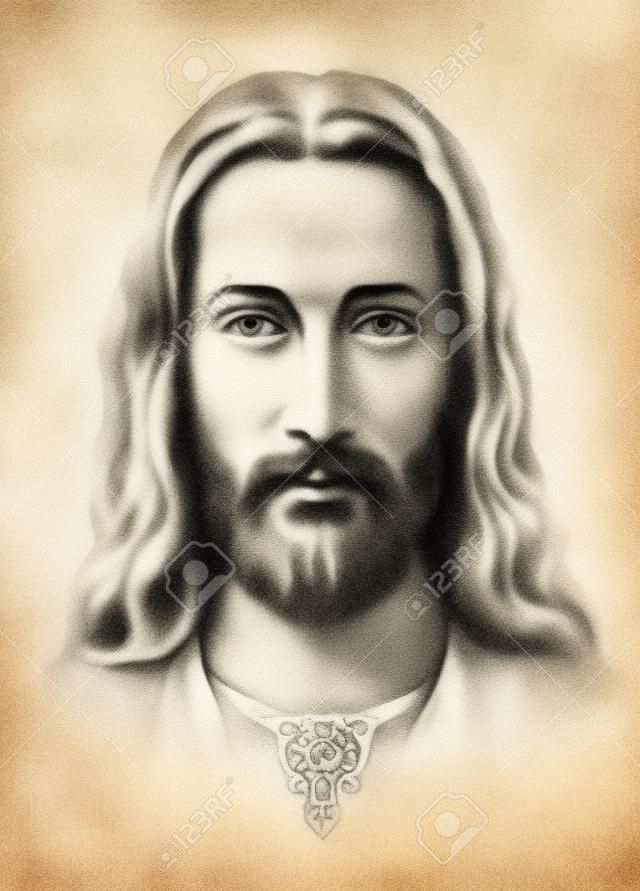 crayons de dessin de Jésus sur papier vintage et fond aquarelle légèrement flou.