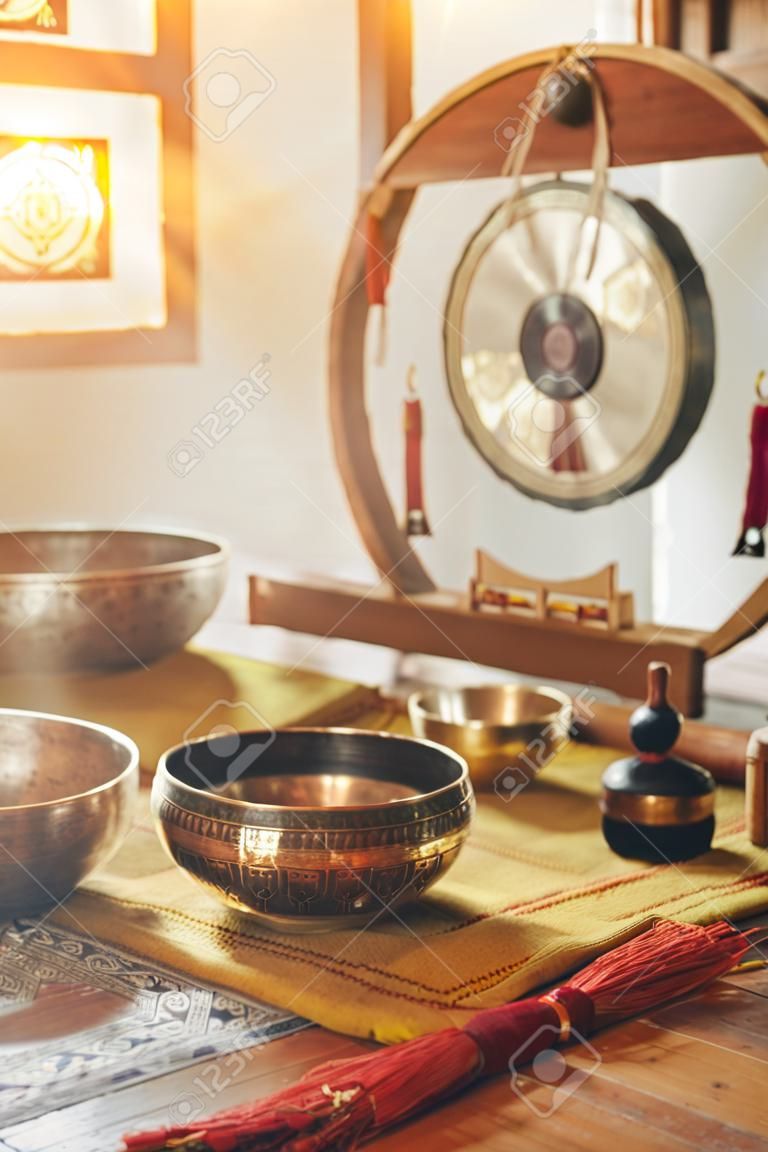 beautiful tibetan bowl and gong , ceremonial space.