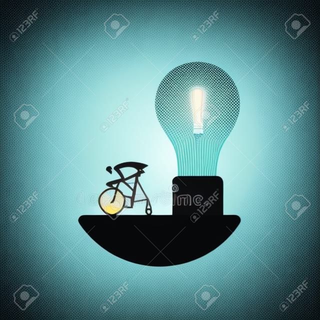 Concepto de vector de negocio de soluciones creativas con el empresario encender la bombilla en una bicicleta. Símbolo de pensamiento creativo, fuera de la caja, lluvia de ideas, nuevas ideas, innovaciones y éxito. Ilustración de vector Eps10.