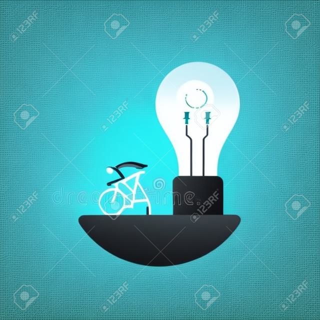 Kreatywne rozwiązania biznesowe koncepcja wektor z biznesmenem zasilania żarówki na rowerze. Symbol kreatywnego, nieszablonowego myślenia, burzy mózgów, nowych pomysłów, innowacji i sukcesu. Ilustracja wektorowa Eps10.