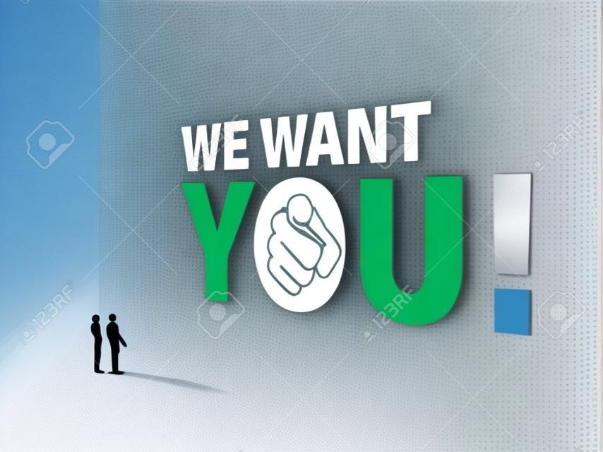 Hiring ad banner or poster vector concept with sign and pointing hand at people. Recruitment, job vacancy promotion.
