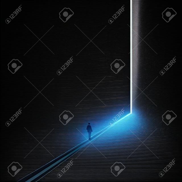 Light at the end of the tunnel vector concept. Symbol of dark times ending, hope on horizon, future success. New opportunity and overcome challenge, finding solution.