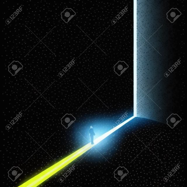 Light at the end of the tunnel vector concept. Symbol of dark times ending, hope on horizon, future success. New opportunity and overcome challenge, finding solution.