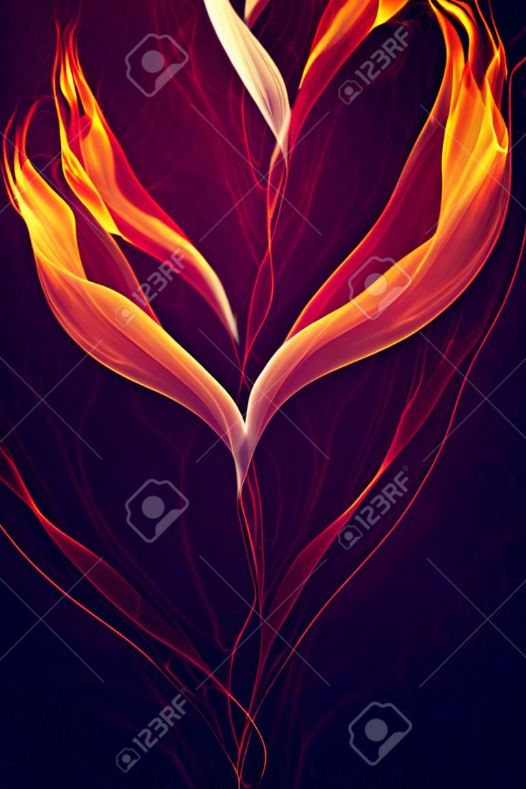 Computer generated 3D illustration of yellow and orange heart shape fire flames against a black background. A.I. generated art.