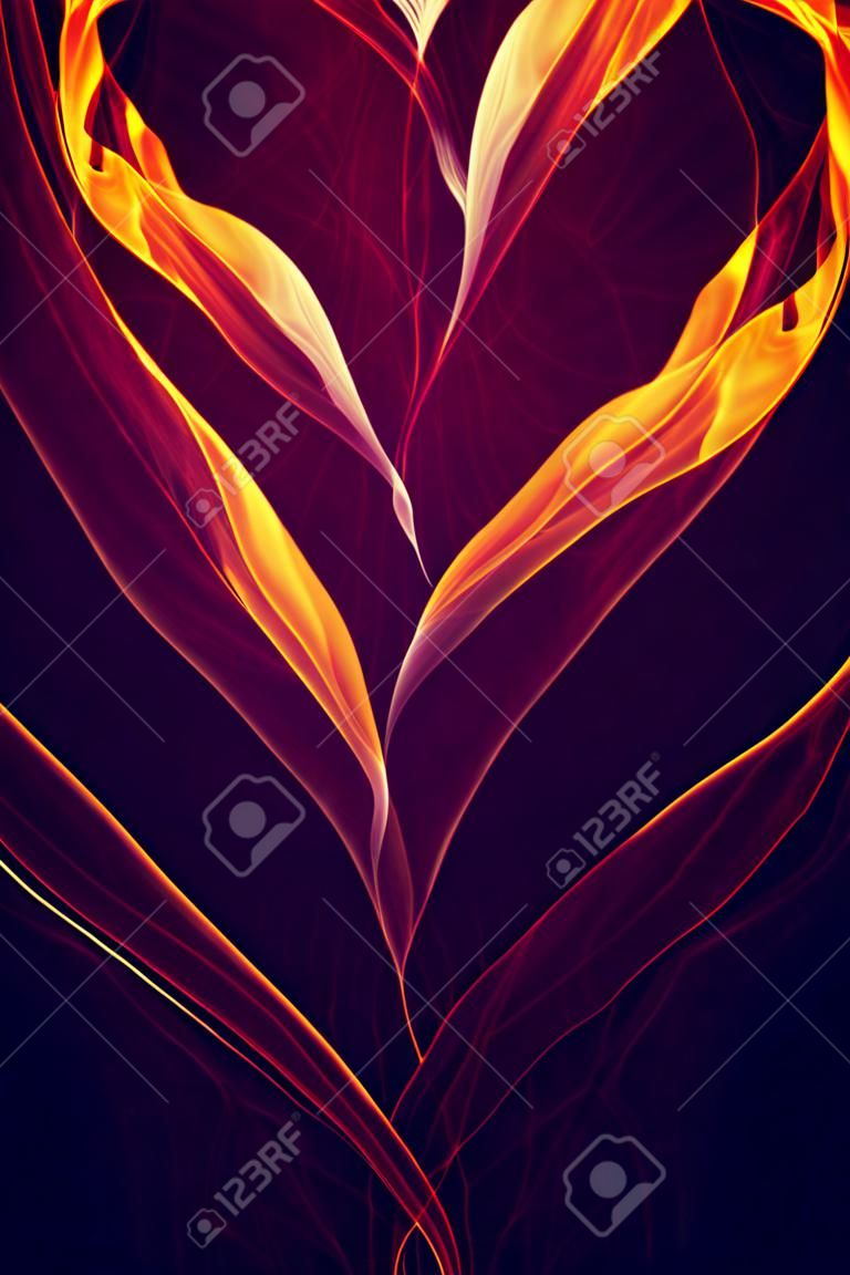 Computer gegenereerd 3D illustratie van gele en oranje hart vorm vuur vlammen tegen een zwarte achtergrond. A.I. gegenereerd kunst.