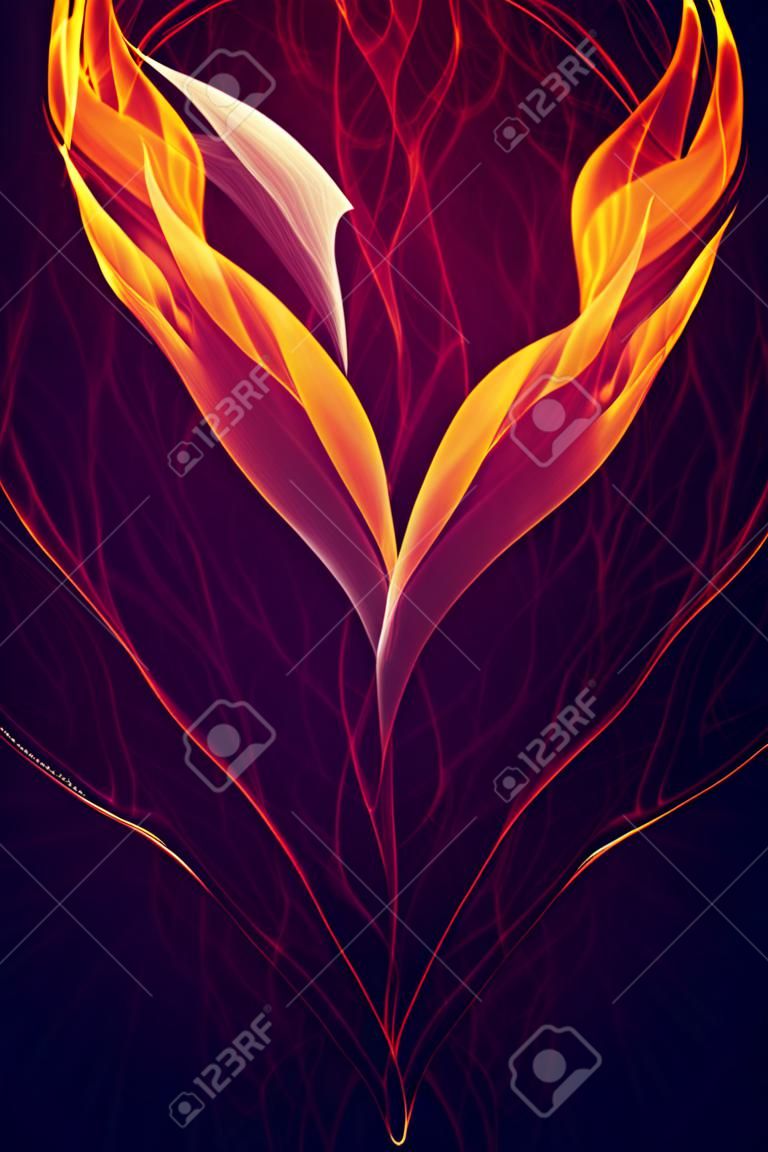 컴퓨터는 검정색 배경에 노란색과 주황색 심장 모양의 화재 불꽃을 3d 그림으로 생성했습니다. 인공 지능 생성 예술.