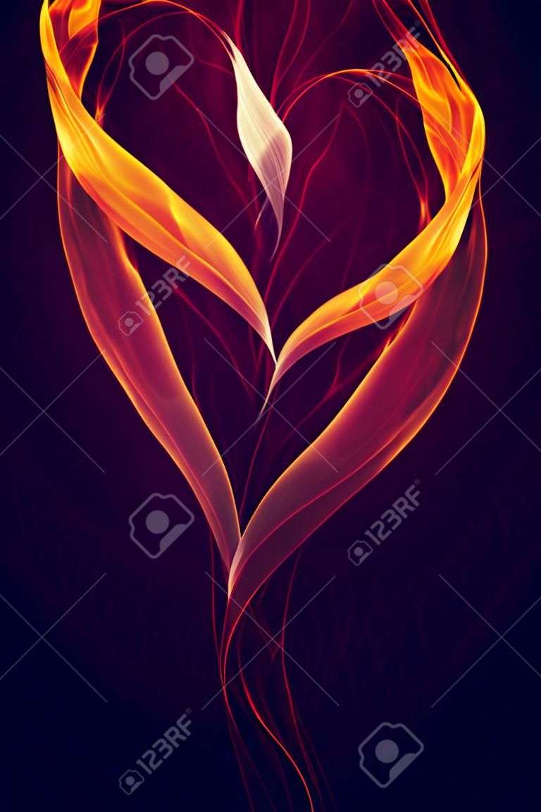 Computer generated 3D illustration of yellow and orange heart shape fire flames against a black background. A.I. generated art.