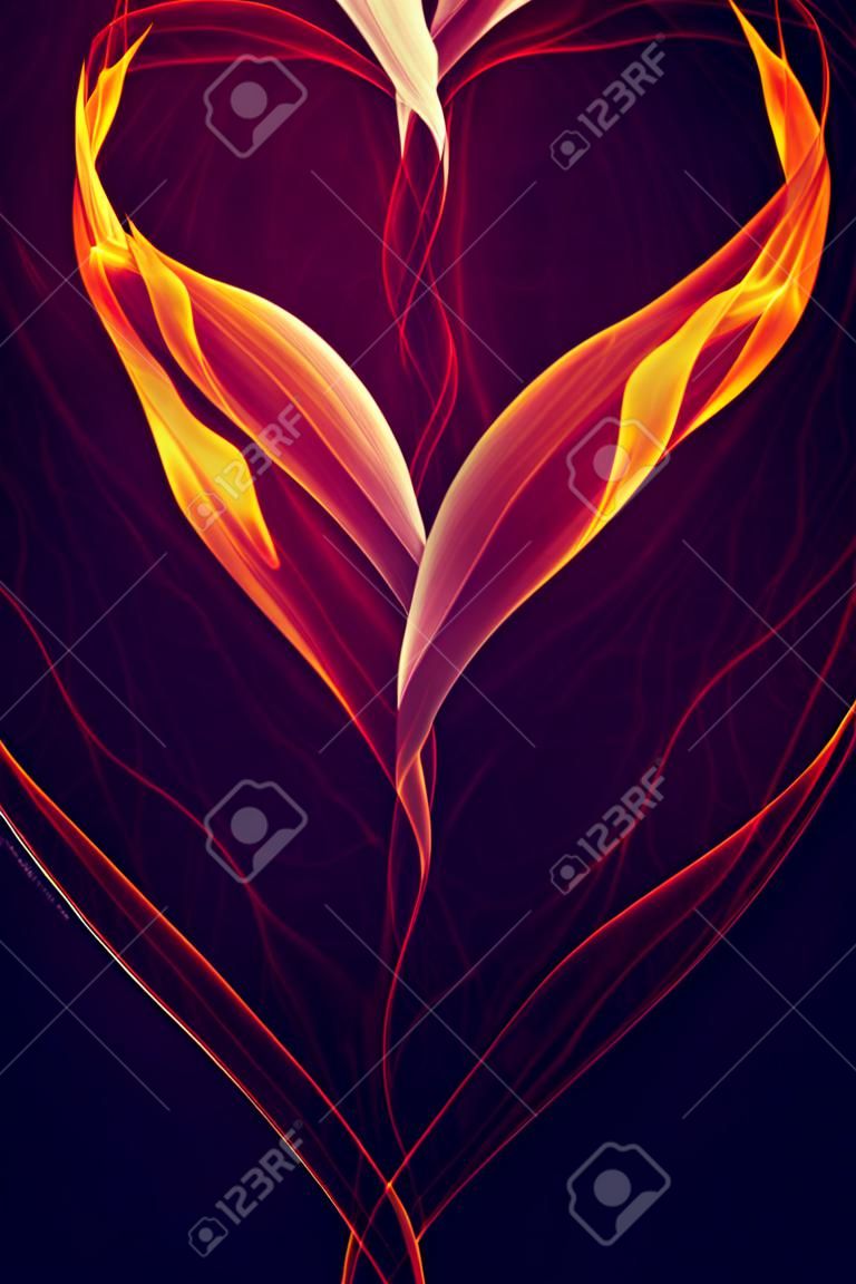 Computer gegenereerd 3D illustratie van gele en oranje hart vorm vuur vlammen tegen een zwarte achtergrond. A.I. gegenereerd kunst.