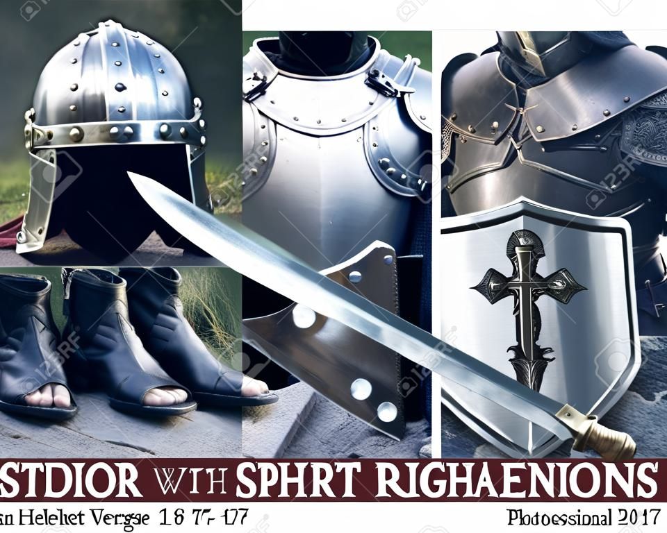 Armor of God with Helmet of Salvation, Breastplate of Righteousness, Belt of Truth, Shoes of Readiness, Sword of the Spirit and Shield of Faith from Ephesians 6:13-17 Bible verse