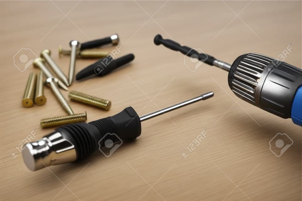 DIY tool set consisting of screws, dowels, screwdriver and drill