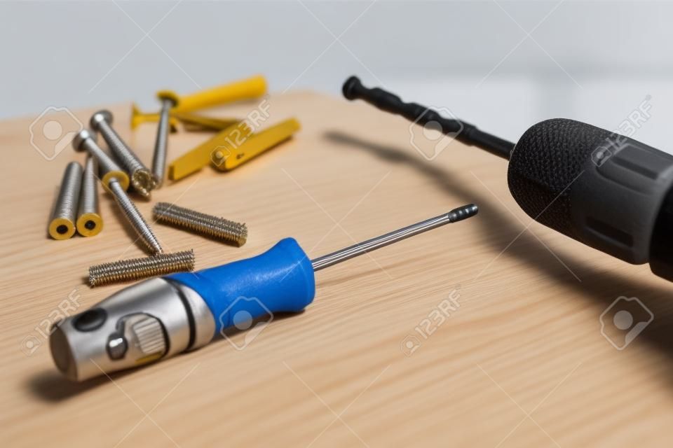 DIY tool set consisting of screws, dowels, screwdriver and drill