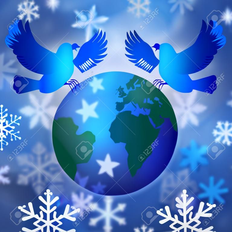 聖誕節和平鴿和地球地球與雪花插圖