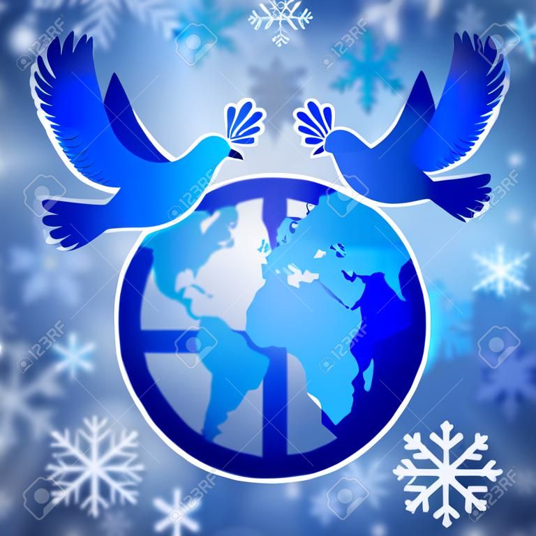 Navidad paloma de la paz y el globo terráqueo con la ilustración de los copos de nieve