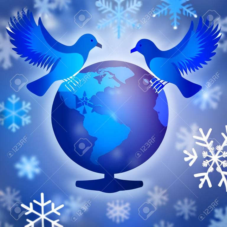 Navidad paloma de la paz y el globo terráqueo con la ilustración de los copos de nieve
