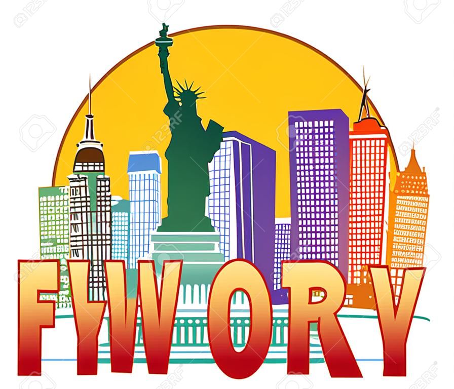 New York City Skyline colorato con Statua della Libertà a Cerchio Contorno con l'illustrazione del testo