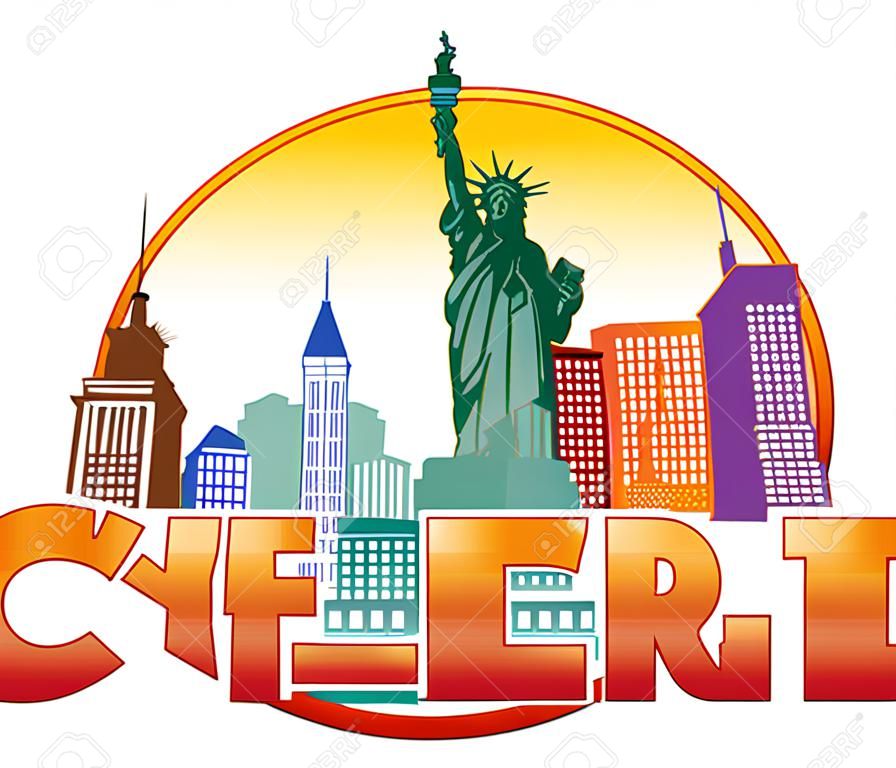 Нью-Йорк Красочные Skyline с Статуя Свободы в круг общих чертах с текста Иллюстрация