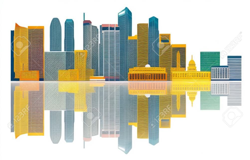新加坡城市天際線輪廓剪影全景色彩與反思白色背景插圖孤立