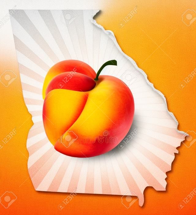 Georgia State with Official Symbol Peach Fruit in Map Silhouette Outline Color Illustration