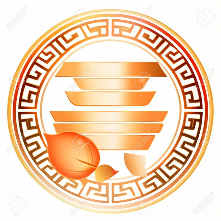 Chinesisches langes Leben-Symbol-Langlebigkeits-Text mit Pfirsich-Frucht in der Kreis-Grenze für Geburtstags-Illustration