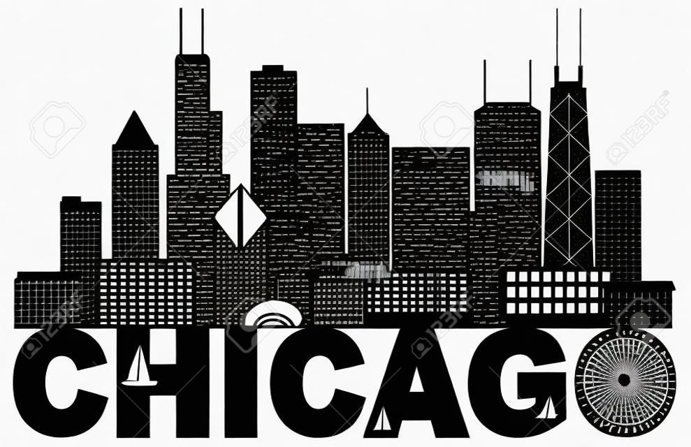 Панорама горизонта города Чикаго черный контур силуэт с текстом, изолированные на белом фоне иллюстрации