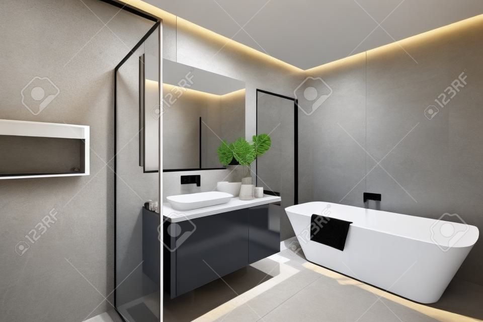 Moderne badezimmer mit duschbereich und badewanne einen wandspiegel neben einem schicken anlage in der nähe von einem wasserhahn und waschbecken über die theke aus holz und dunklen schrank inklusive