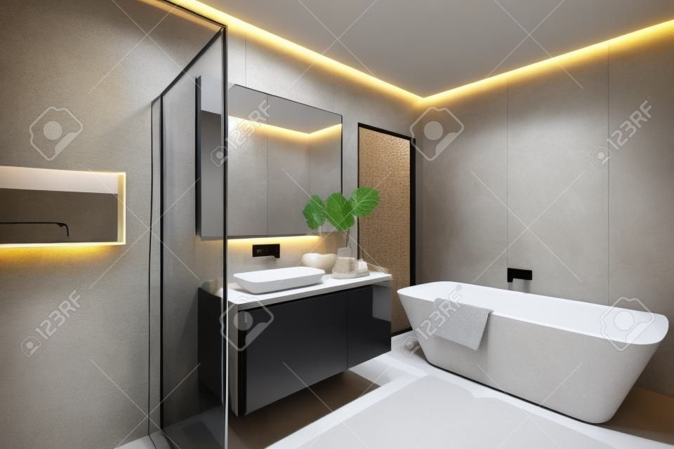 Moderne badezimmer mit duschbereich und badewanne einen wandspiegel neben einem schicken anlage in der nähe von einem wasserhahn und waschbecken über die theke aus holz und dunklen schrank inklusive