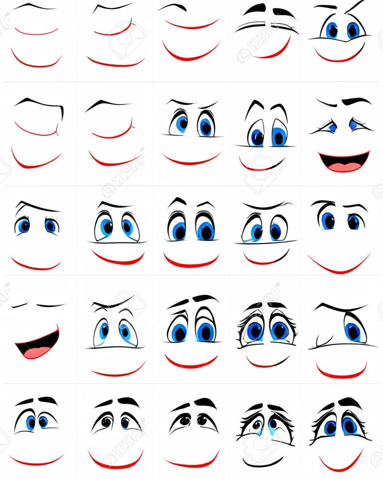 Conjunto de rostos com várias expressões de emoção