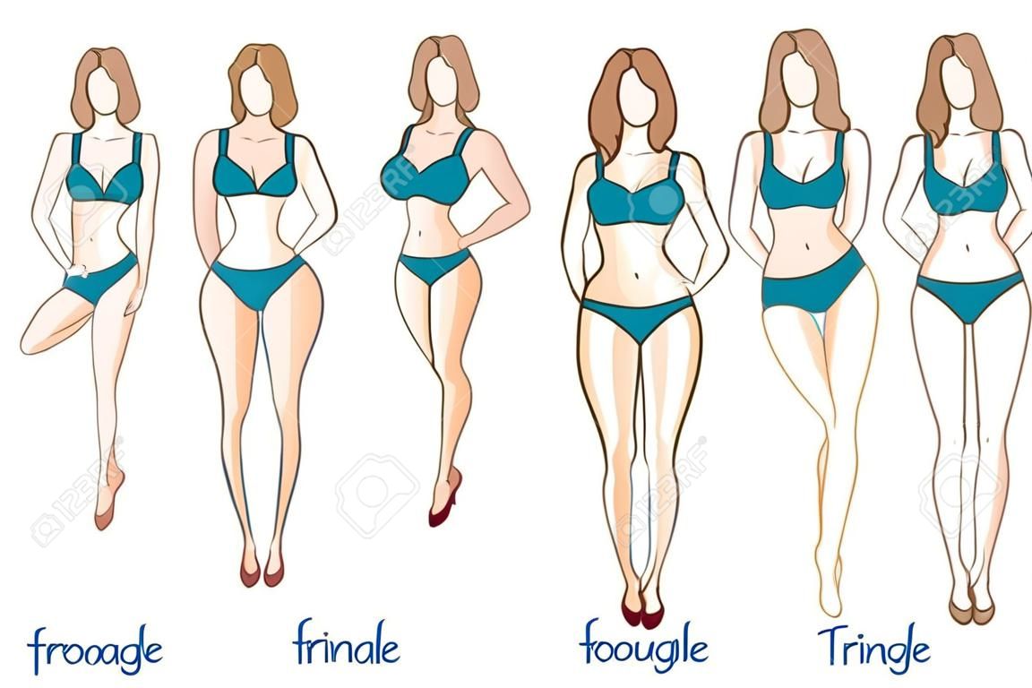 Female body figures. Woman shapes, five types hourglass, triangle, inverted triangle, rectangle, rounded Vector illustration