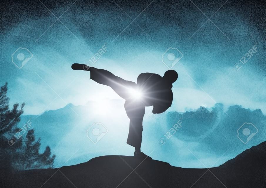 A Stock Illustration of Karateka Training on Mountain