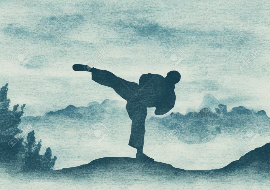 A Stock Illustration of Karateka Training on Mountain