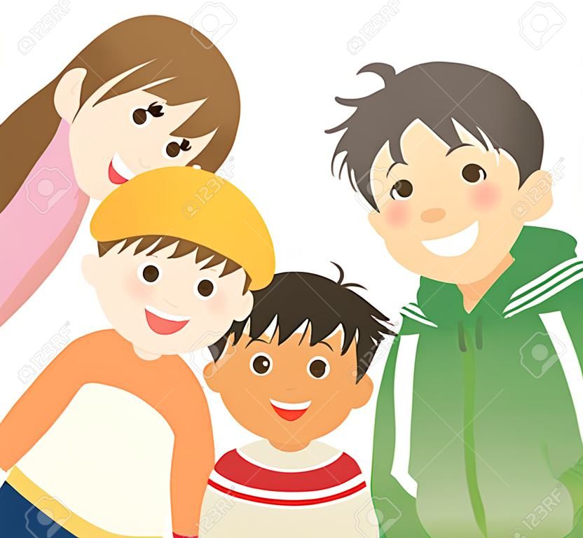 Ilustración de tres niños y una niña