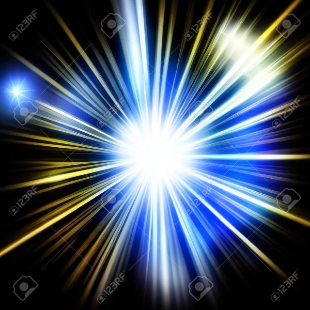 Sunlight with lens flare effect, shining star on black background, light effect, white color