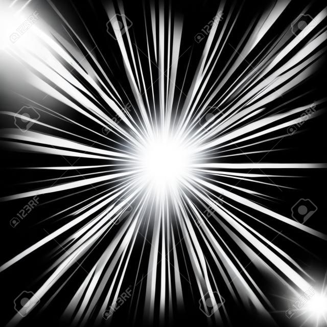 レンズフレア効果、黒い背景に輝く星、光効果、白色の太陽光