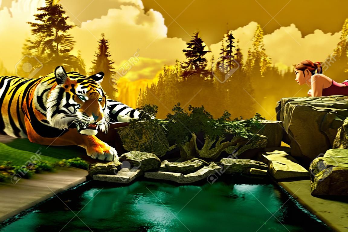 fantasy scenary film whit tiger and lady