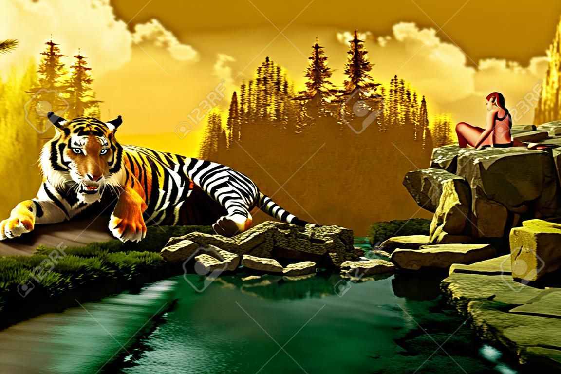 fantasy scenary film whit tiger and lady