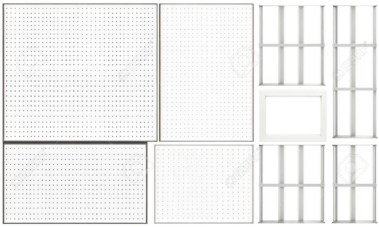 Suspended ceiling with perforated tape. Set for a modular ceiling - lamps and ventilation grids. Isolated seamless texture on white background. Top view. 3D rendering.