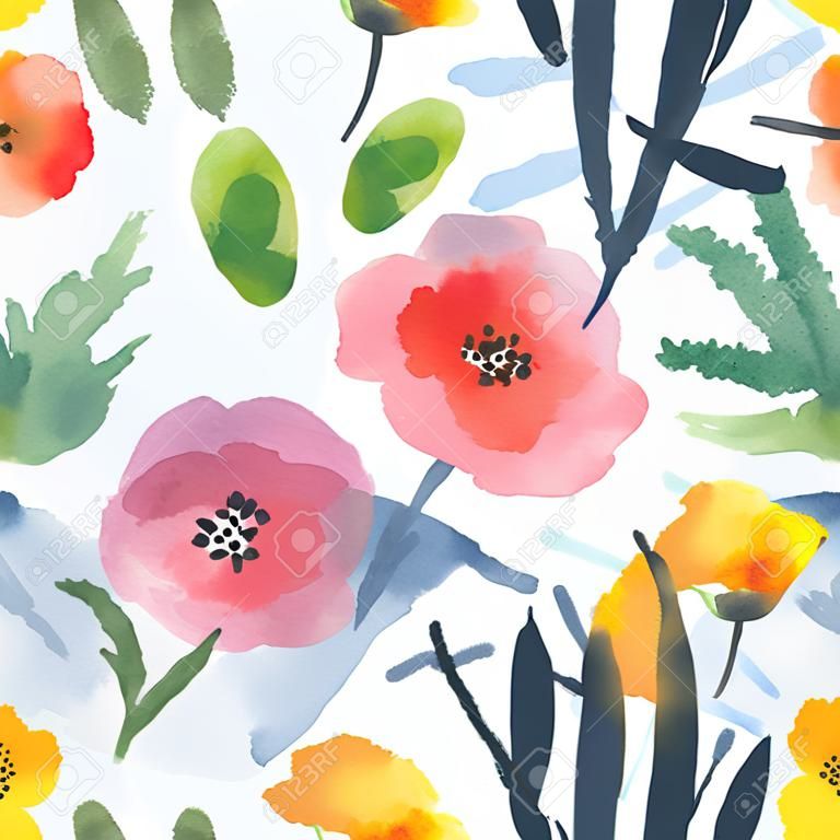 Modern floral seamless pattern in watercolor technique.