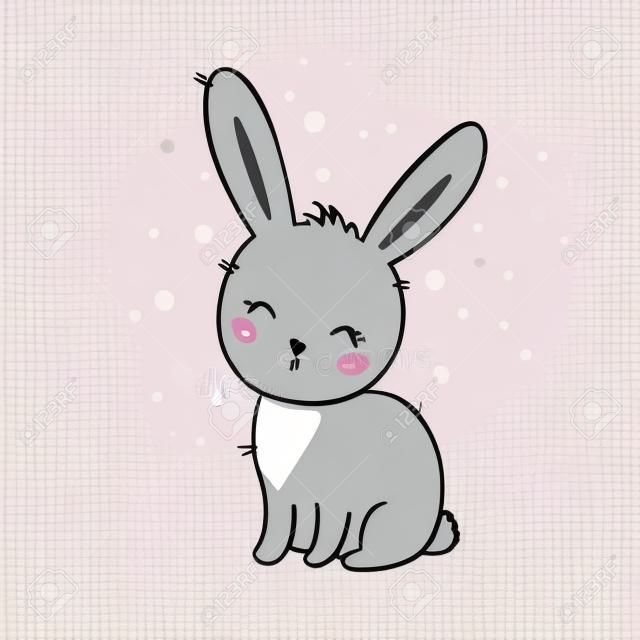 Cute bunny vector illustration. Hand drawn gray bunny on pink background.
