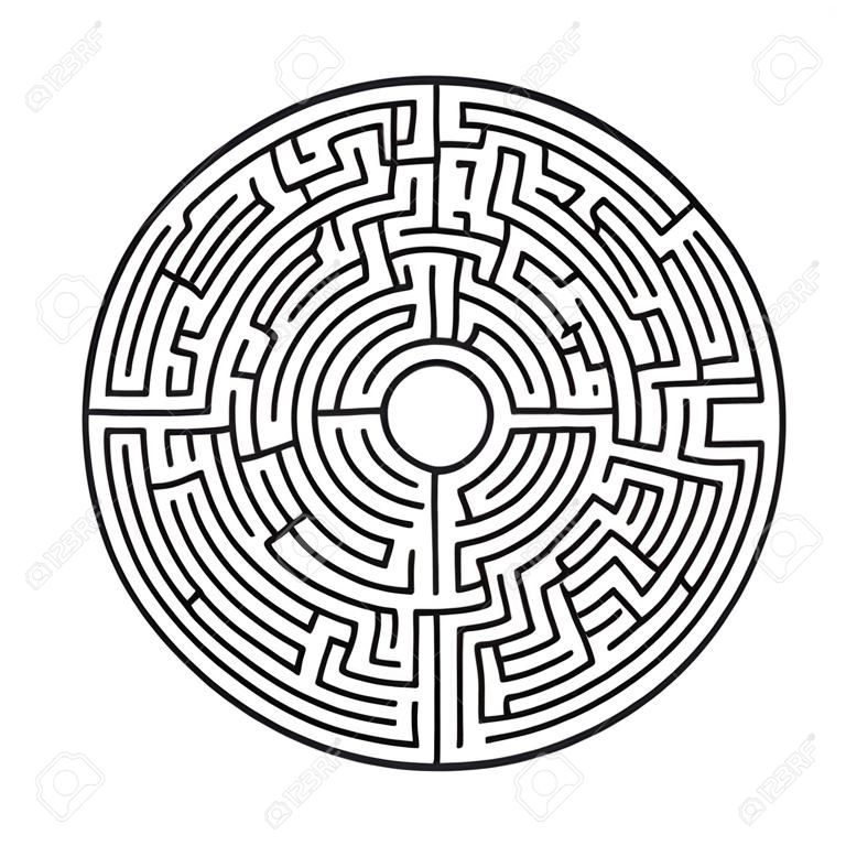 Difficult circle maze. Hard round vector labirinth. Vector black circle maze on white background. Education puzzle with search of solution. Circular isolated labirinth. A game for logic find way exit