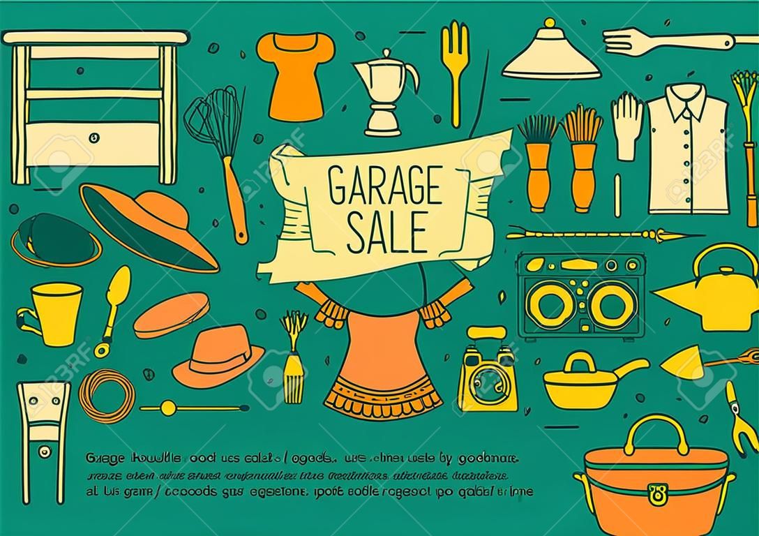 Garage sale, household used goods. Hand drawn line elements.  horizontal banner template. Doodle background. For banners and posters, cards, brochures, invitations, website designs.