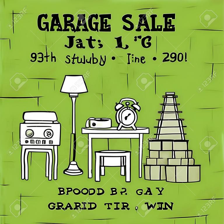 Garage sale, household used goods.  square banner template. For posters, cards, brochures and invitations, flyers and website designs. Hand drawn thin line elements.